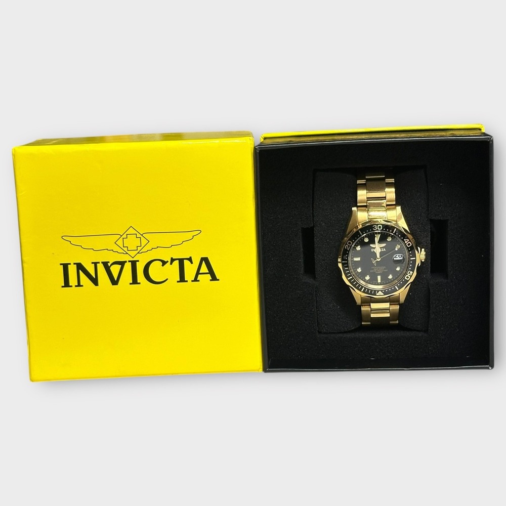 Invicta Watch Gold Tone Mens‎ 40mm Black Dial Date 200M Stainless 8936 Boxed - Picture 2 of 16